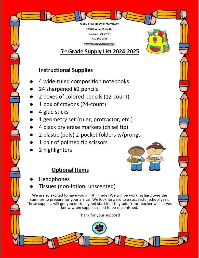 School supply list 2024 2025 mary williams elementary school